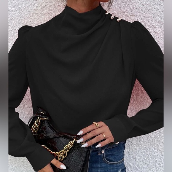 $10 Deals 🤝🔖 SHEIN Privé Zip Back Puff Sleeve Black Long sleeve blouse size S - Picture 3 of 6